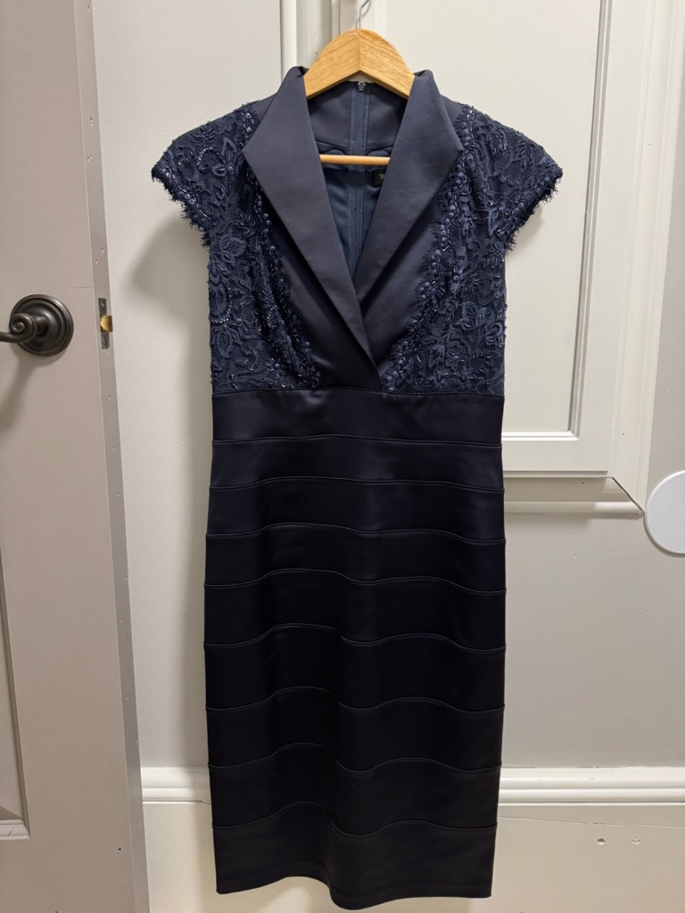 Tadashi Shoji Navy Lace and Satin Sheath Dress